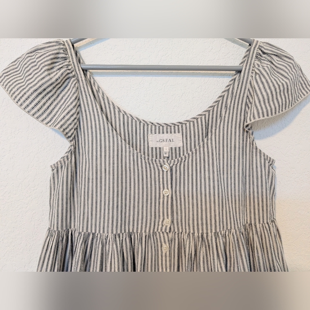 The Great. Grey Striped 100% Cotton Scoop Neck Button-Up Flutter Cami Dress M - Picture 7 of 11